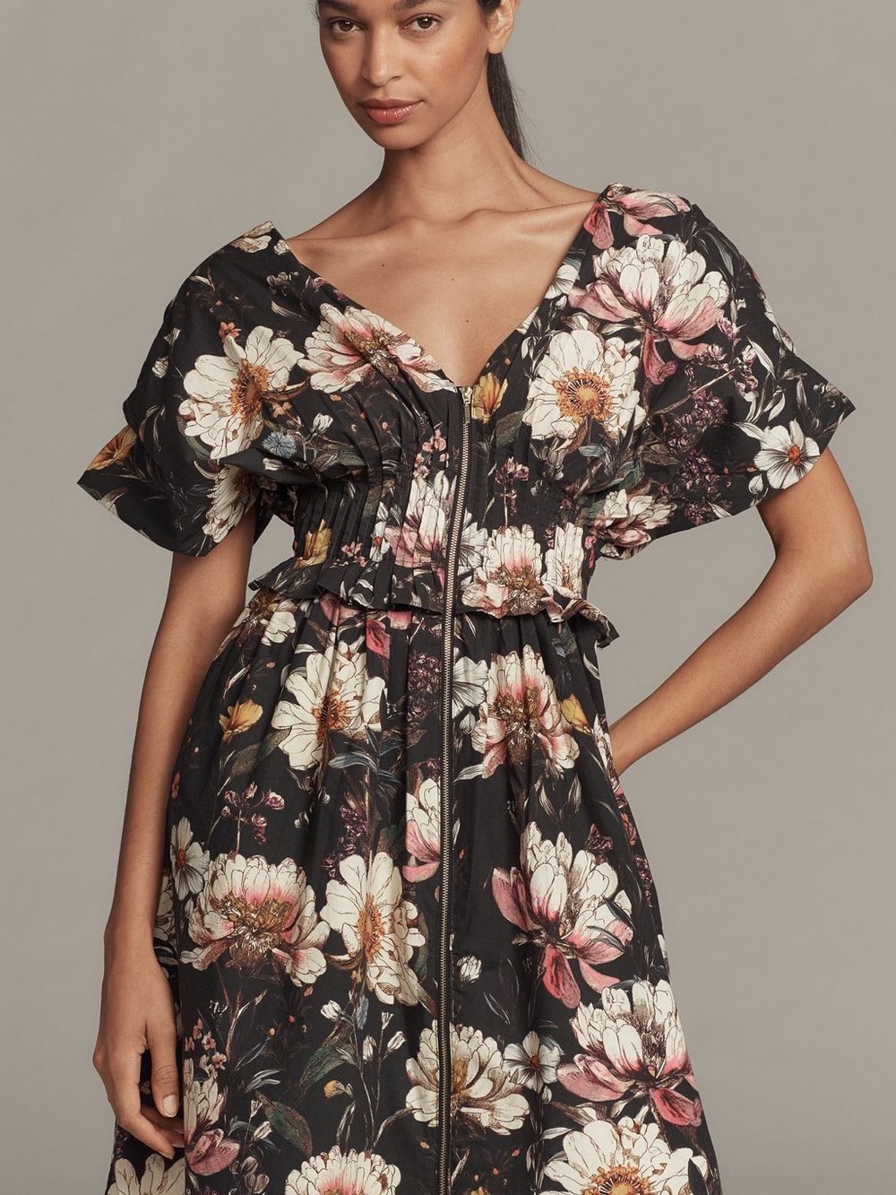 ANTHROPOLOGIE V-Neck Zip Front Midi Dress in Black Colorful Floral - Picture 10 of 13